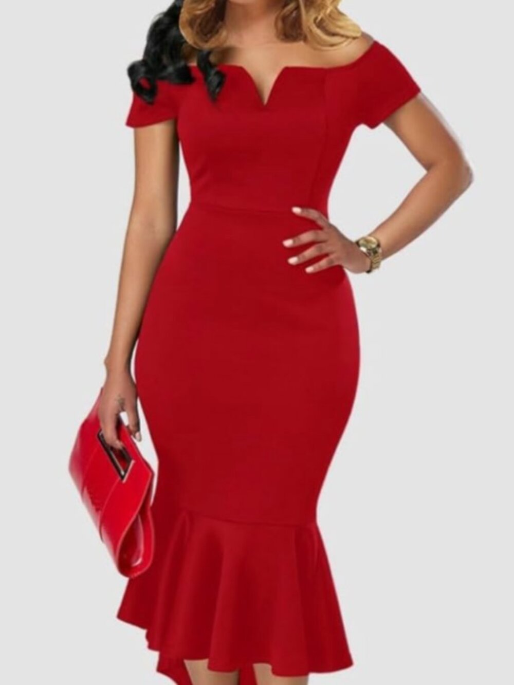Women's L Red bodycon mermaid midi dress